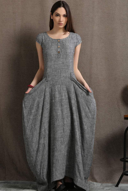 Gray Linen Dress - Long Maxi Boho Style Short Sleeved Shift Dress with Two Large Pockets Spring Summer Fashion (C427)
