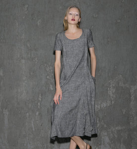 Gray Linen Dress - Long Short-Sleeved Casual Loose-Fitting Handmade Designer Dress with Pockets C647