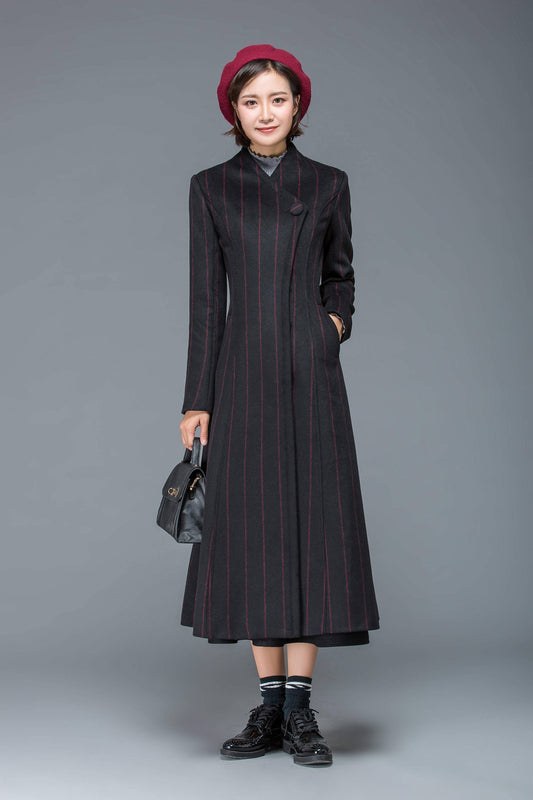 Wool coat, black coat, winter coat, womens coat, striped coat, black winter coat, warm coat, black wool coat, winter warm coat C1170