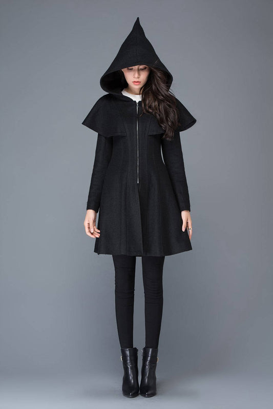 black coat, Wool coat, womens coats, winter coat, black wool coat, hooded cloak, hoody coat, wool coat women, vintage wool coat C1023