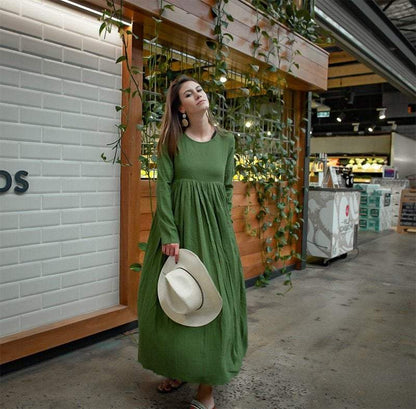 Long sleeve high waist maxi linen dress C1383