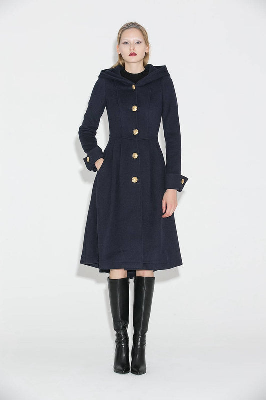 Blue wool coat, wool coat, Winter Coat, Hooded coat, womens coats, military Coat, coats, asymmetrical coat, long coat C684