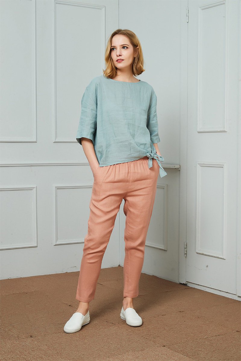 Classic minimal linen pants, Women's trousers with an elastic waist, Tapered Linen Pants with pocket, Linen pantaloons, Mid rise waist C1477