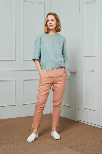 Classic minimal linen pants, Women's trousers with an elastic waist, Tapered Linen Pants with pocket, Linen pantaloons, Mid rise waist C1477