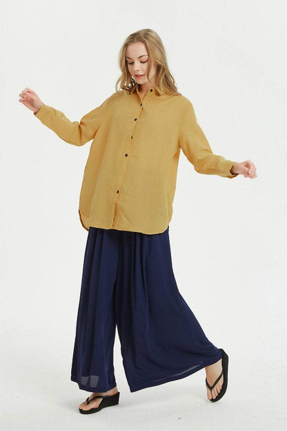 linen long sleeve uneven hem shirt C1484