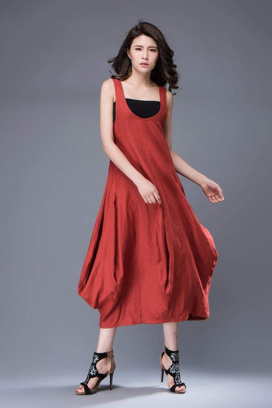 Red Linen Dress - Free-Style Casual Loose-Fitting Tulip-Shaped Everyday Modern Contemporary Unique Designer Dress C888