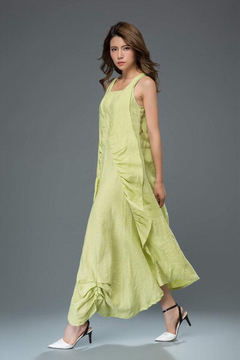 Lime Green Linen Maxi Dress - Sleeveless with Asymmetric Hem c920 - Green / L Lime Green Linen Maxi Dress - Sleeveless with Asymmetric Hem c920 - Green / L