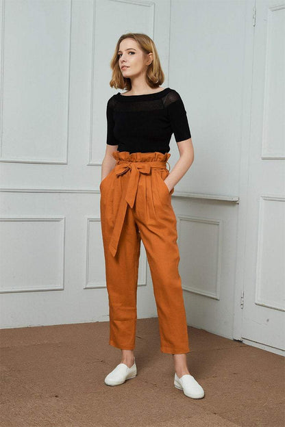 High-Waisted Linen Pants, linen tapered pants with rope belt, womens linen pants, long linen pants C1421