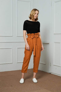 High-Waisted Linen Pants, linen tapered pants with rope belt, womens linen pants, long linen pants C1421