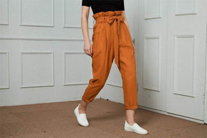High-Waisted Linen Pants, linen tapered pants with rope belt, womens linen pants, long linen pants C1421