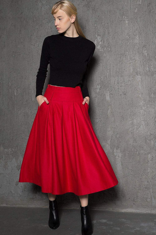 red wool skirt, winter wool skirt, 1950s skirt, wool skirts, winter skirt, midi skirt, vintage skirt with pockets C729