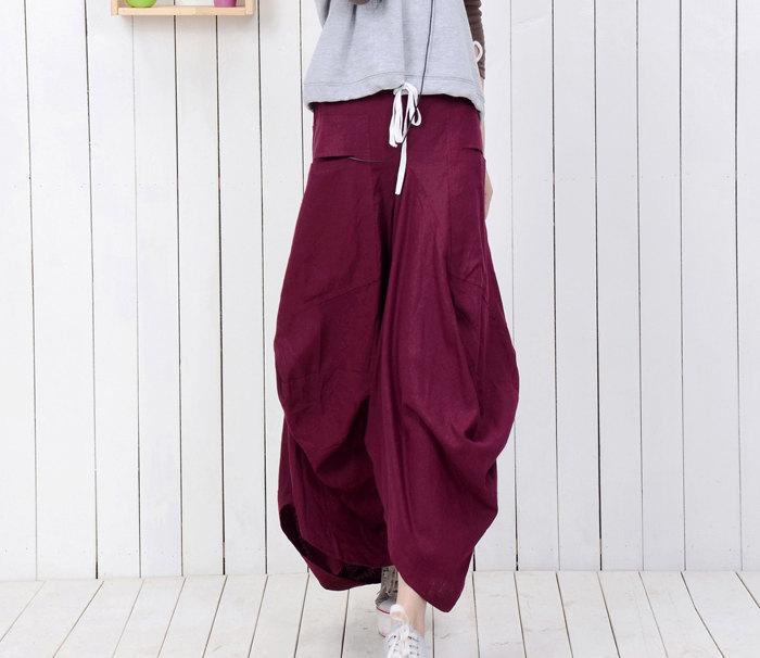 Maxi Linen Skirt - Raspberry Red Casual Modern Contemporary Urban Streetwear Tiered Draped Youthful Teenager Skirt (C789)