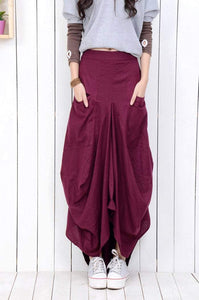 Maxi Linen Skirt - Raspberry Red Casual Modern Contemporary Urban Streetwear Tiered Draped Youthful Teenager Skirt (C789)