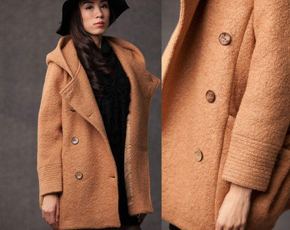 plus size coat, winter coat, pea coat, hooded wool coat, brown coat, womens coats, wollmantel, wool duffle coat, winter coat hood, coat C381