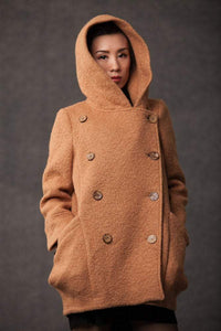 plus size coat, winter coat, pea coat, hooded wool coat, brown coat, womens coats, wollmantel, wool duffle coat, winter coat hood, coat C381