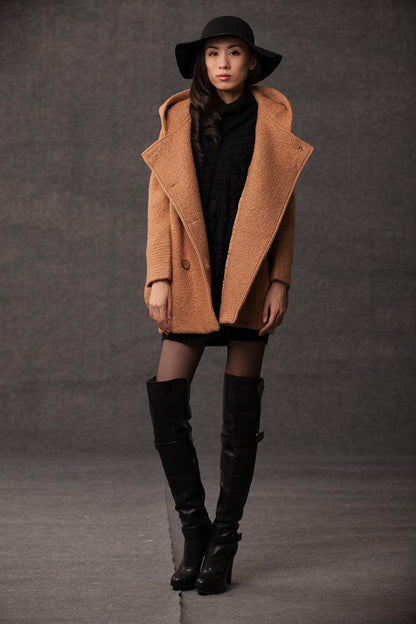 plus size coat, winter coat, pea coat, hooded wool coat, brown coat, womens coats, wollmantel, wool duffle coat, winter coat hood, coat C381