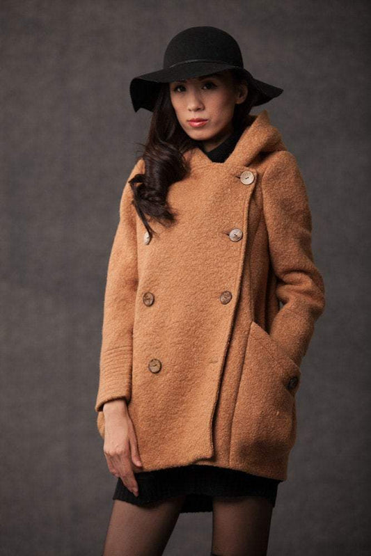 plus size coat, winter coat, pea coat, hooded wool coat, brown coat, womens coats, wollmantel, wool duffle coat, winter coat hood, coat C381