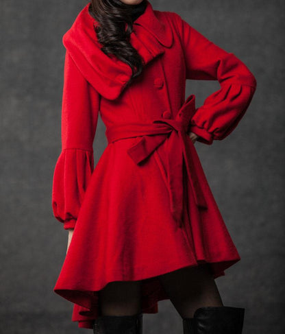 plus size coat, red coat, short coat, jackets, coats, women coat, asymmetrical Collar, wool coat, Wool jacket (C798)