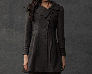 Gray Winter Coat - Woman's Outerwear Charcoal Grey Feminine Coat with Large Collar & Picot Edging C382 (CF126)
