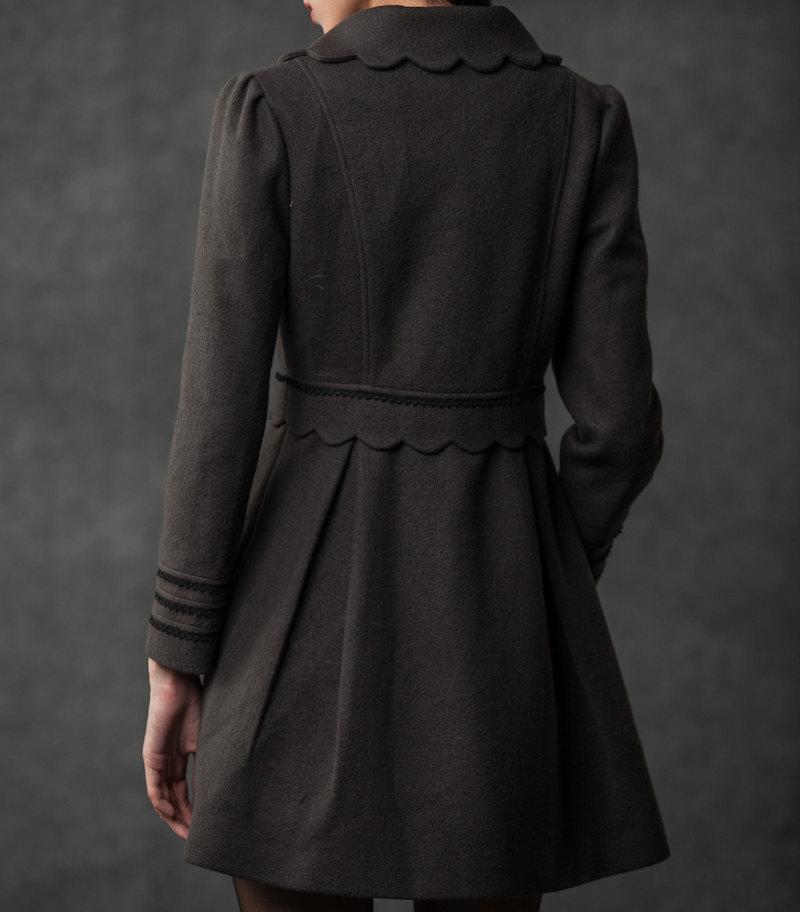 Gray Winter Coat - Woman's Outerwear Charcoal Grey Feminine Coat with Large Collar & Picot Edging C382 (CF126)