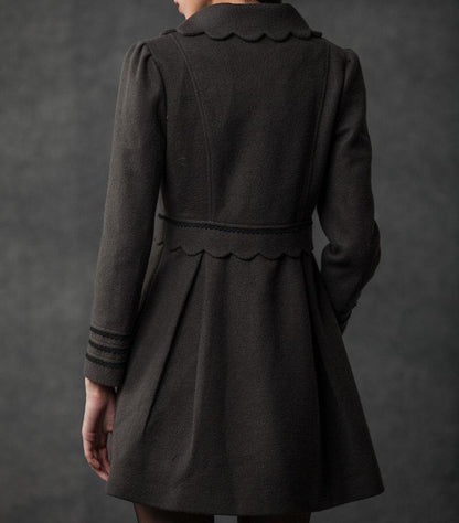 Gray Winter Coat - Woman's Outerwear Charcoal Grey Feminine Coat with Large Collar & Picot Edging C382 (CF126)