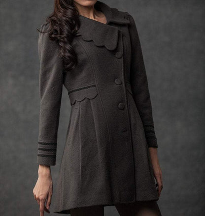 Gray Winter Coat - Woman's Outerwear Charcoal Grey Feminine Coat with Large Collar & Picot Edging C382 (CF126)