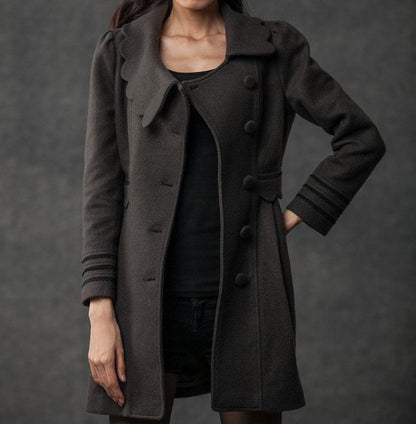 Gray Winter Coat - Woman's Outerwear Charcoal Grey Feminine Coat with Large Collar & Picot Edging C382 (CF126)