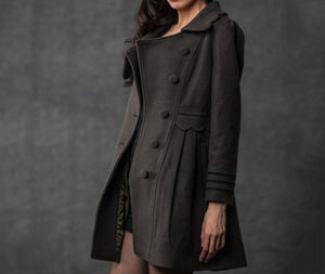 Gray Winter Coat - Woman's Outerwear Charcoal Grey Feminine Coat with Large Collar & Picot Edging C382 (CF126)