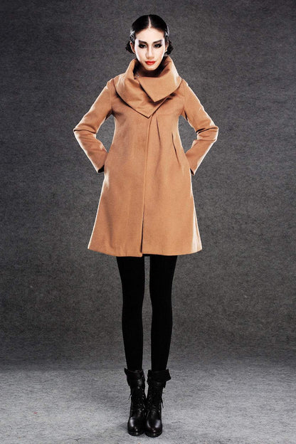 Brown Winter Coat - Cashmere Wool Blend Womens Autumn Winter Midi Swing Coat with Chunky Large Cowl Collar & Side Pockets C142