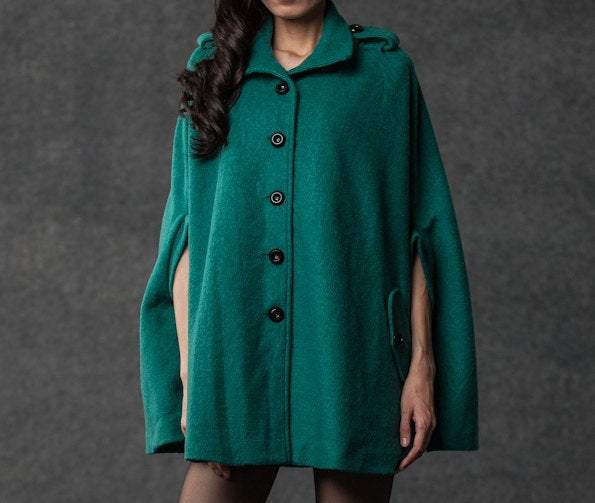 Teal Cape Coat - Winter Wool Swing Jacket Poncho Style Short Women's Coat Outerwear - Fully Lined (C794)