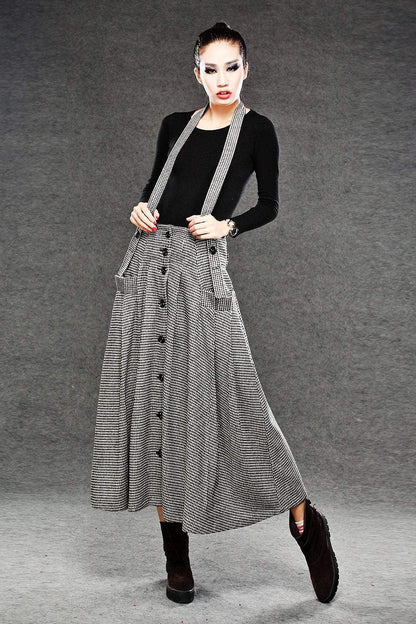 Wool Suspender skirt, pleated skirt, winter skirt, long skirt, womens skirts, maxi skirt, houndstooth skirt, button skirt, pocket skirt C049