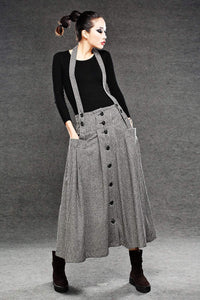 Wool Suspender skirt, pleated skirt, winter skirt, long skirt, womens skirts, maxi skirt, houndstooth skirt, button skirt, pocket skirt C049