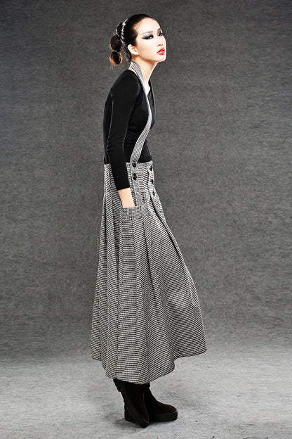 Wool Suspender skirt, pleated skirt, winter skirt, long skirt, womens skirts, maxi skirt, houndstooth skirt, button skirt, pocket skirt C049