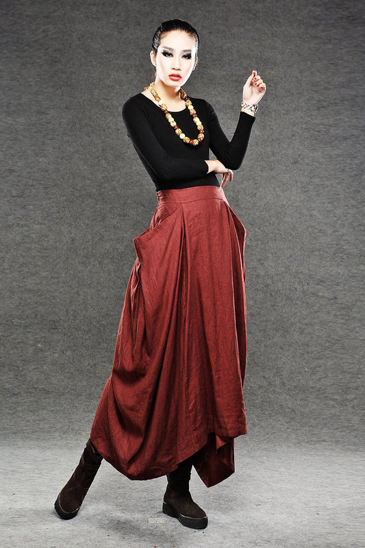 Red Linen Maxi Skirt - Long Length with Asymmetrical Hemline, Ruched Detail and Deep Side Pockets Fall Autumn/Winter Fashion C050