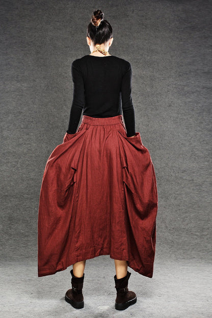 Red Linen Maxi Skirt - Long Length with Asymmetrical Hemline, Ruched Detail and Deep Side Pockets Fall Autumn/Winter Fashion C050
