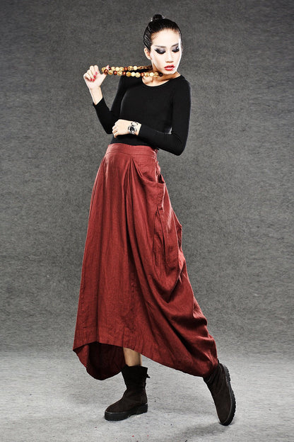 Red Linen Maxi Skirt - Long Length with Asymmetrical Hemline, Ruched Detail and Deep Side Pockets Fall Autumn/Winter Fashion C050