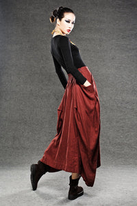 Red Linen Maxi Skirt - Long Length with Asymmetrical Hemline, Ruched Detail and Deep Side Pockets Fall Autumn/Winter Fashion C050