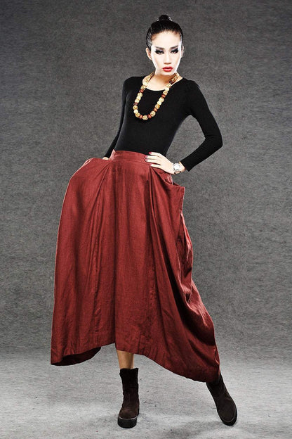 Red Linen Maxi Skirt - Long Length with Asymmetrical Hemline, Ruched Detail and Deep Side Pockets Fall Autumn/Winter Fashion C050
