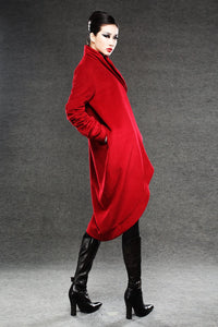 Wool Coat, red coat, jacket, winter coat, long coat, Asymmetrical coat, red wool coat, warm coat, womens coat, loose coat  C026