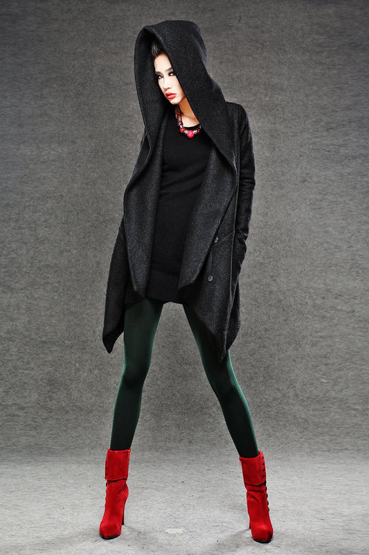 Black Winter Pea Coat - Wrap Around Short Hooded Womens Coat with Asymmetrical Hem (C038)