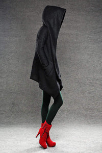 Black Winter Pea Coat - Wrap Around Short Hooded Womens Coat with Asymmetrical Hem (C038)