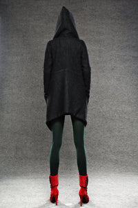 Black Winter Pea Coat - Wrap Around Short Hooded Womens Coat with Asymmetrical Hem (C038)