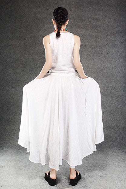White Linen Summer Dress - Maxi Long Vest Top Sleeveless Pinwheel Dress with Drawstring Waist Sundress (C070)