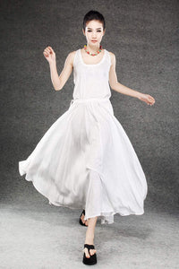 White Linen Summer Dress - Maxi Long Vest Top Sleeveless Pinwheel Dress with Drawstring Waist Sundress (C070)