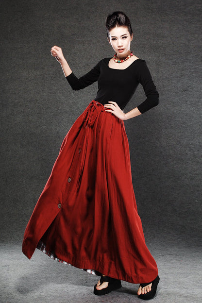 Red Linen Skirt - Maxi Skirt Long Women's Skirt Simple Design Versatile Handmade Clothing C055