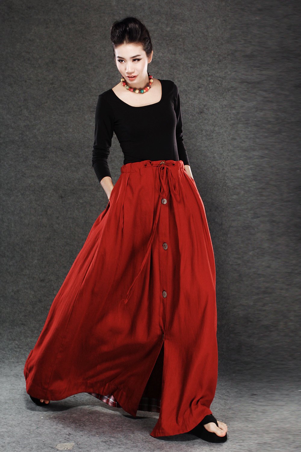 Red Linen Skirt - Maxi Skirt Long Women's Skirt Simple Design Versatile Handmade Clothing C055