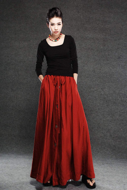 Red Linen Skirt - Maxi Skirt Long Women's Skirt Simple Design Versatile Handmade Clothing C055