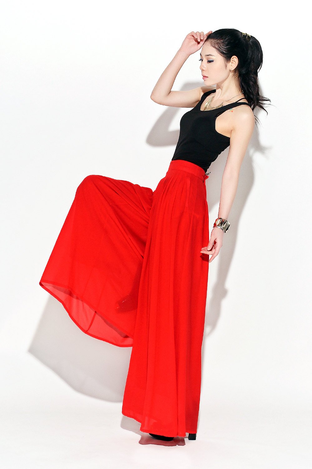 Red palazzo wide legs chiffon pants C118