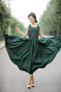 Maxi Summer Dress - Emerald Green Long Sleeveless Fit & Flare Dress with Drawstring Waist (C152)