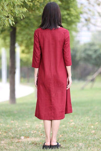 Red Linen Dress - Midi Length Loose-Fitting Plus Size V-Neck Casual Everyday Comfortable Womens Clothing C264